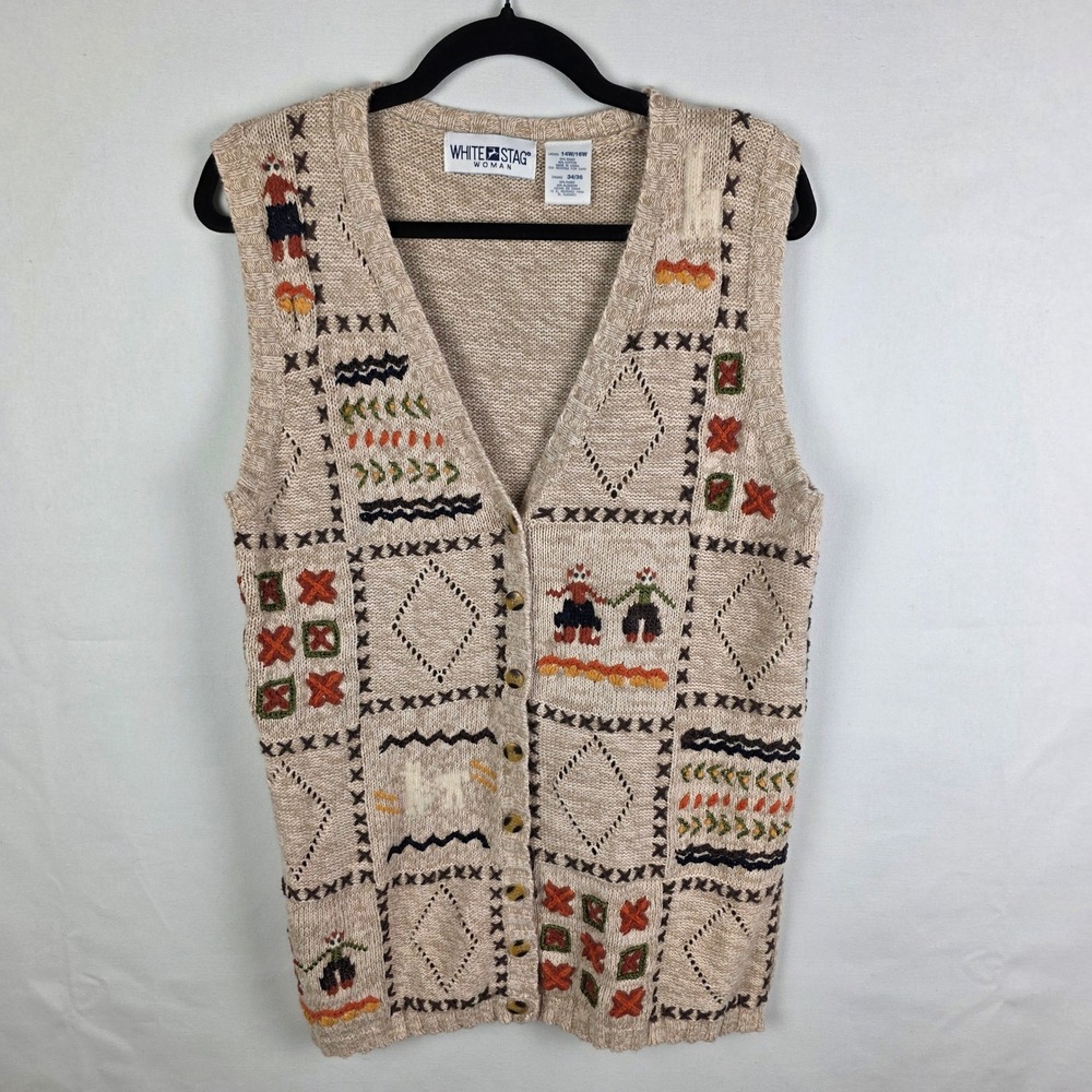 White Stag Woman Vintage Knit Vest Tan Embroidered Patchwork Plus Size 14W 16W
